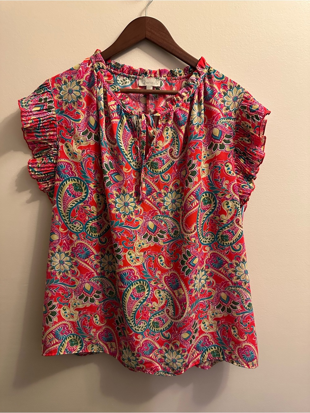 Chenault Pink Paisley Tie-Neck Ruffle Sleeve Blouse